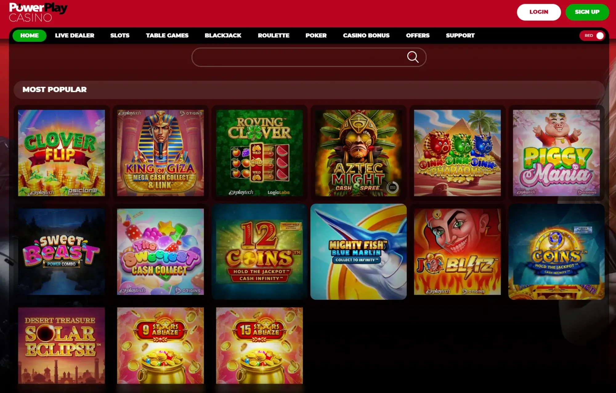 A screenshot of PowerPlay Casino's desktop homepage