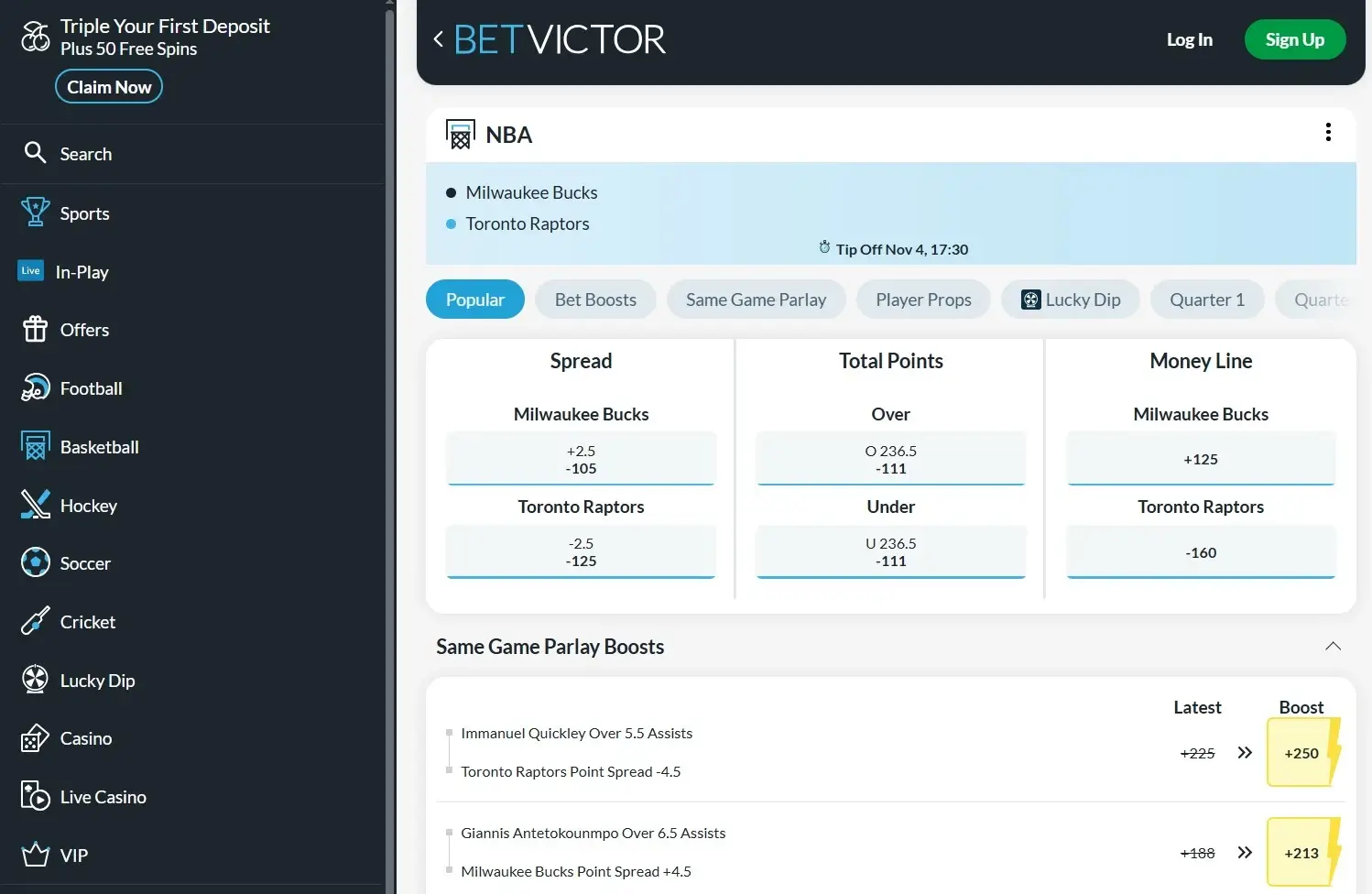 A screenshot of the desktop view of BetVictor's Toronto Raptors betting odds.