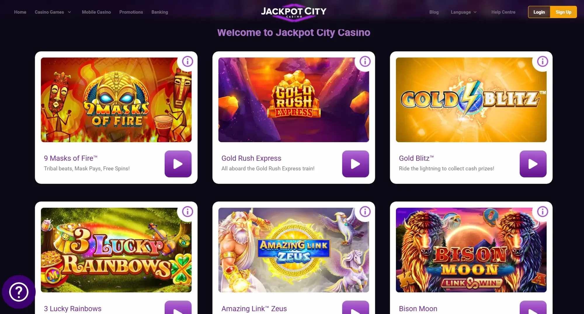 A screenshot of the desktop view of JackPot City Casino's homepage.