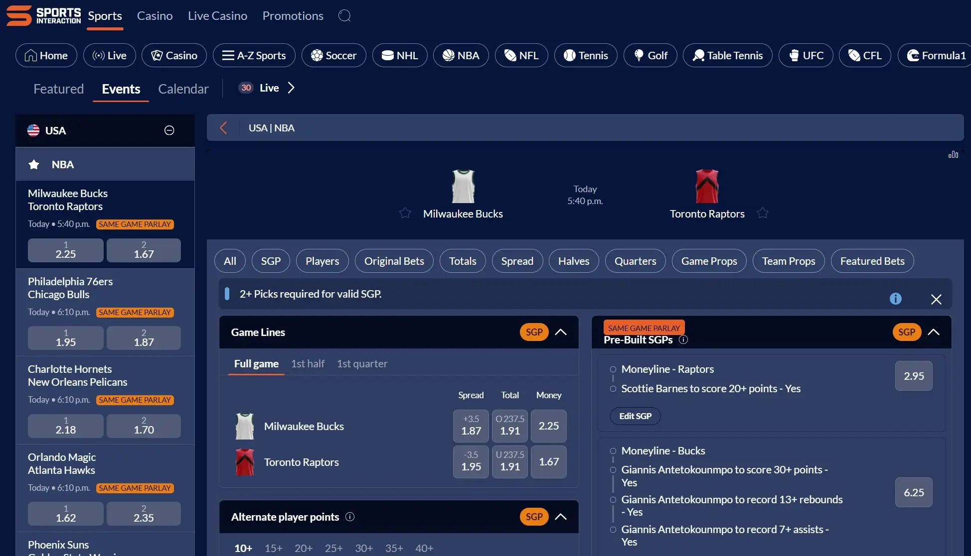 A screenshot of the desktop view of Sports Interaction's Toronto Raptors betting odds