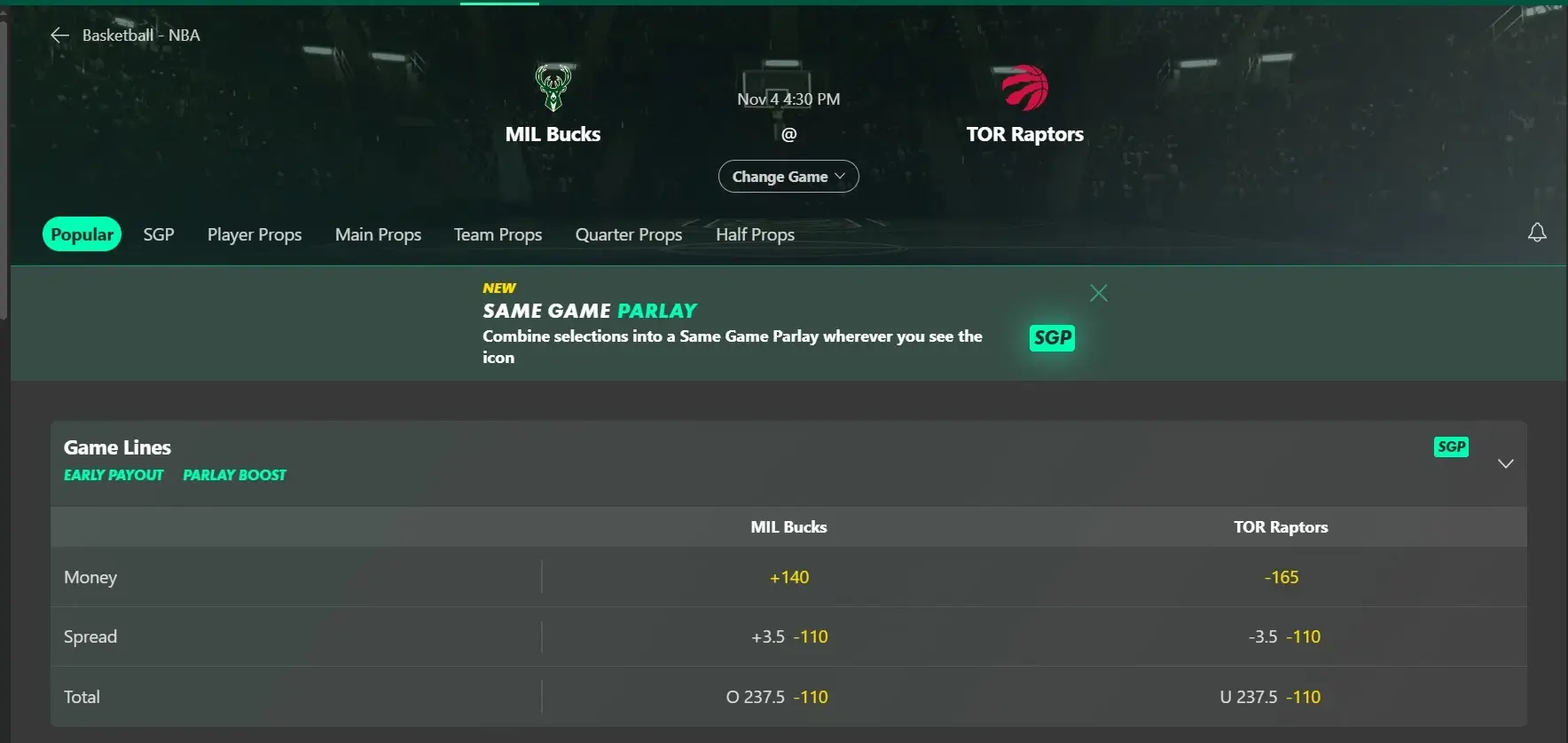 A screenshot of the desktop view of bet365's Toronto Raptors betting odds
