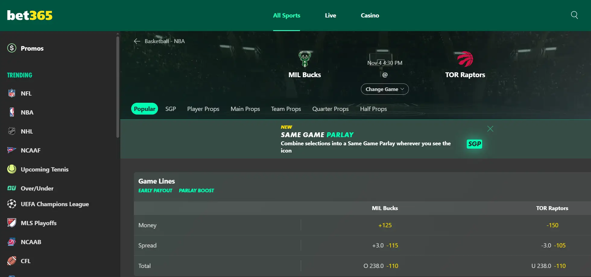 A screenshot of the desktop view of bet365's Toronto Raptors betting odds.