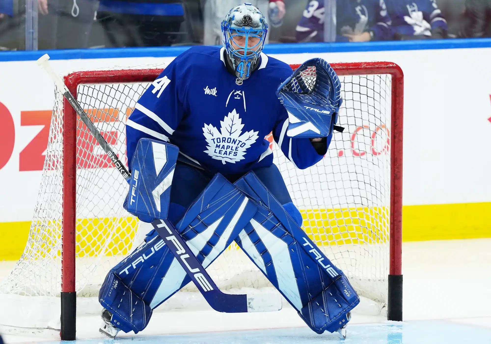 Nov 5, 2025; Toronto, Ontario, CAN; Toronto Maple Leafs goaltender Anthony Stolarz (41) takes pucks during the warmup before a game against the Utah Mammoth at Scotiabank Arena. 