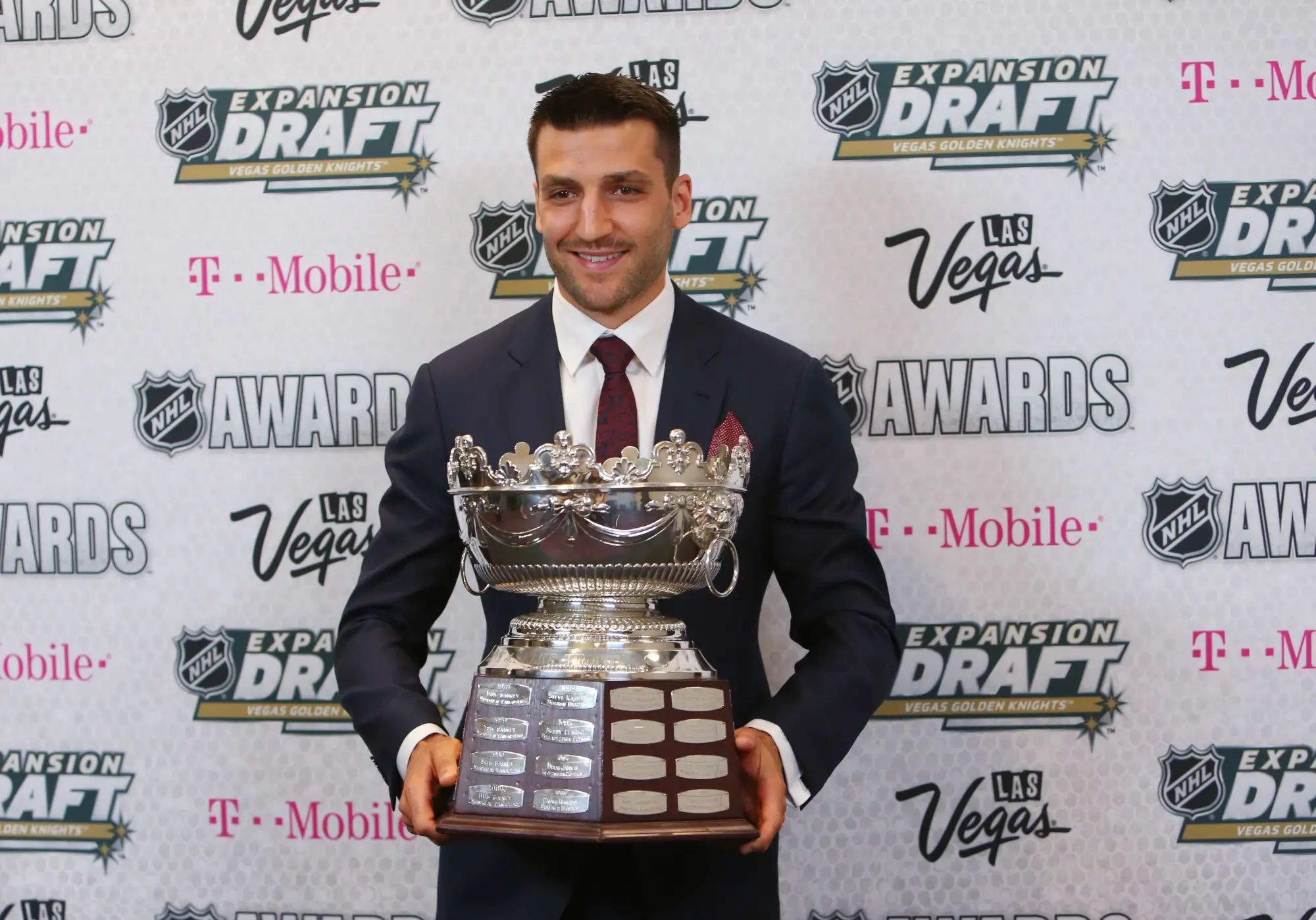 Jun 21, 2017; Las Vegas, NV, USA; Boston Bruins player Patrice Bergeron wins the Frank J. Selke Trophy during the 2017 NHL Awards and Expansion Draft at T-Mobile Arena.