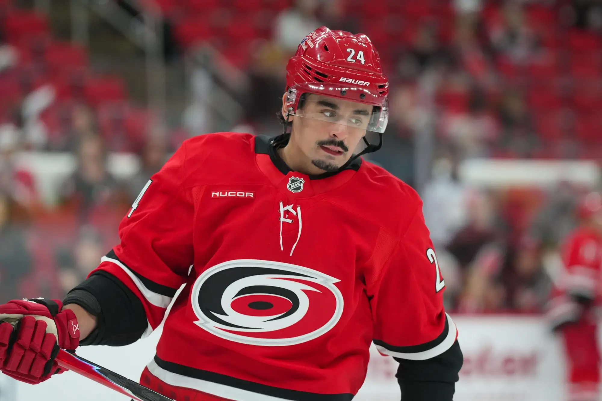 Oct 30, 2025; Raleigh, North Carolina, USA; Carolina Hurricanes center Seth Jarvis (24) skates during the warmups before the game against the New York Islanders at Lenovo Center.