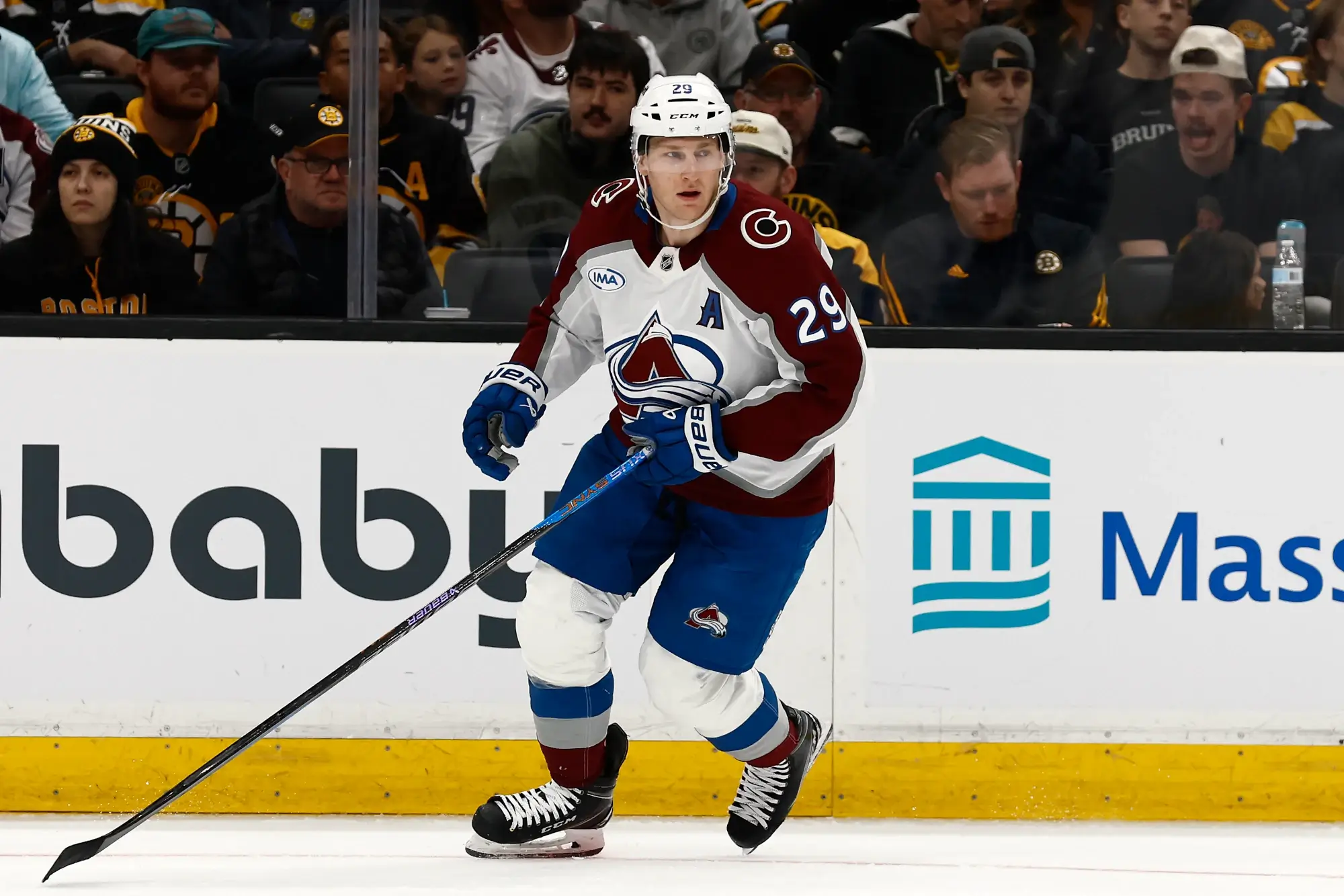 Oct 25, 2025; Boston, Massachusetts, USA; Colorado Avalanche center Nathan MacKinnon (29) during the game against the Boston Bruins at TD Garden.