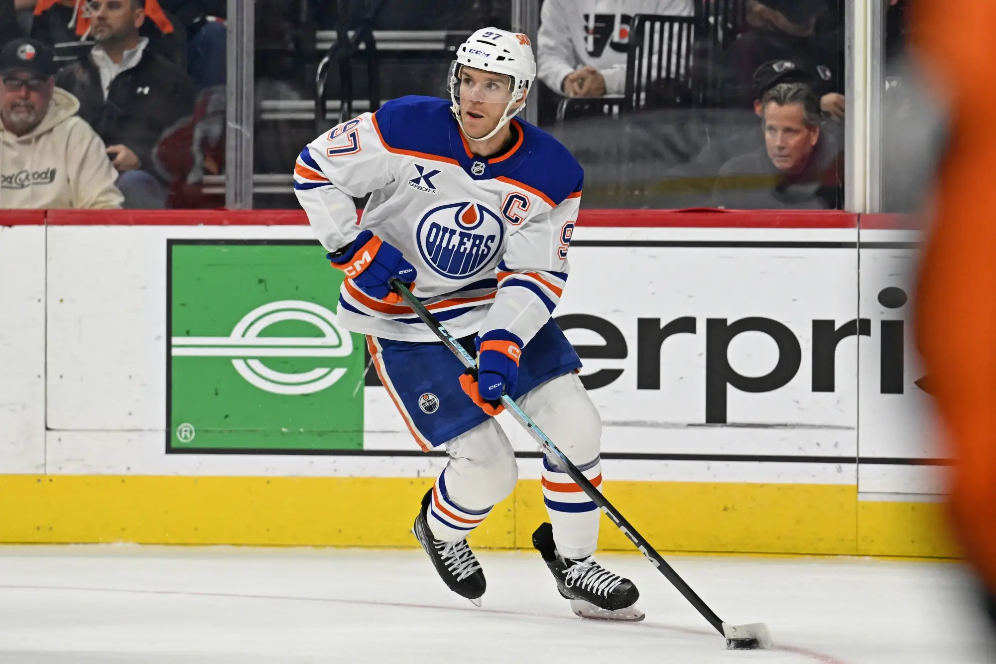 Nov 12, 2025; Philadelphia, Pennsylvania, USA; Edmonton Oilers center Connor McDavid (97) against the Philadelphia Flyers during the first period at Xfinity Mobile Arena.