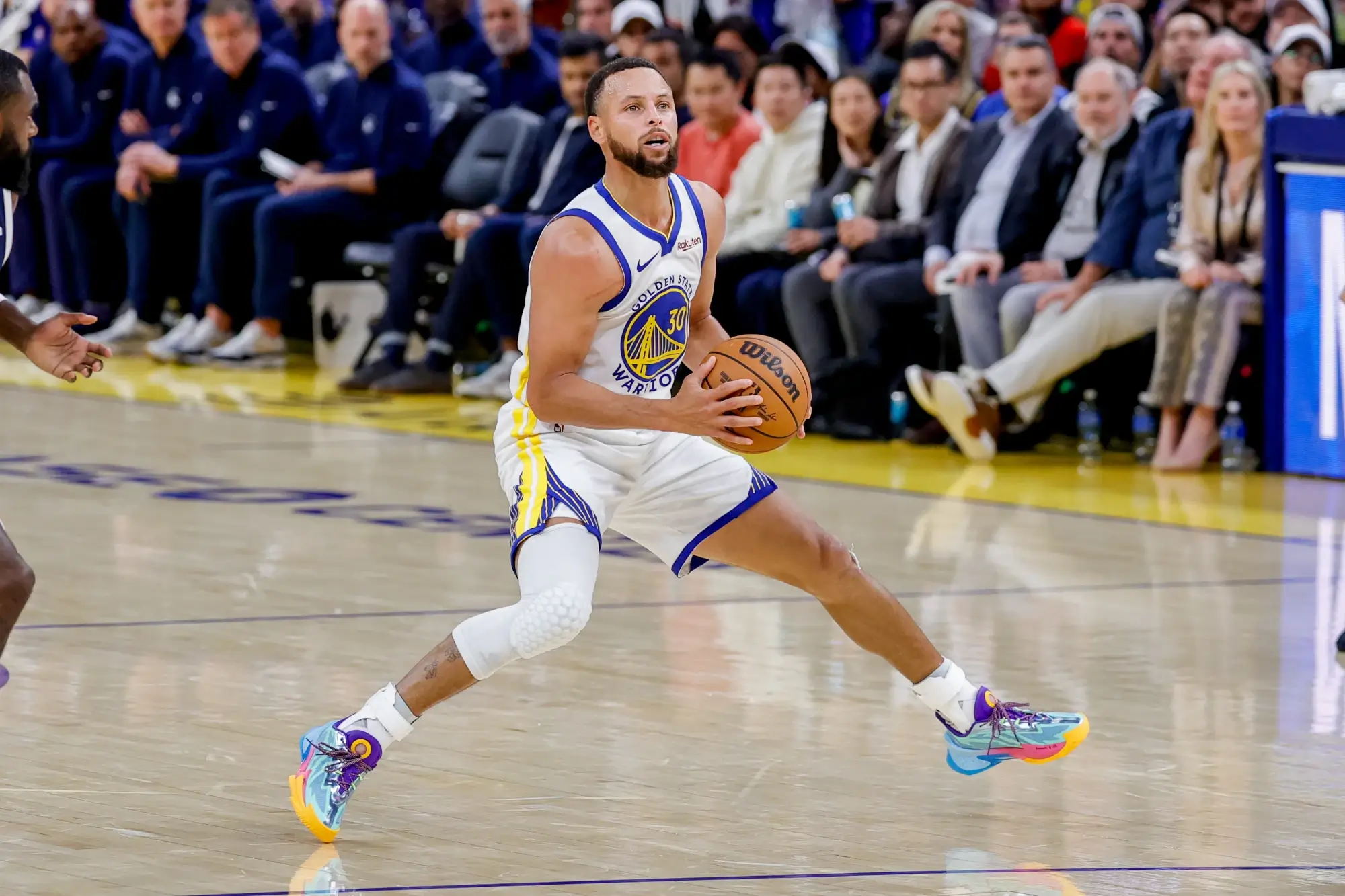 Oct 23, 2025; San Francisco, California, USA; Golden State Warriors guard Stephen Curry (30) steps back for a shot against the Denver Nuggets during the third quarter at Chase Center. 