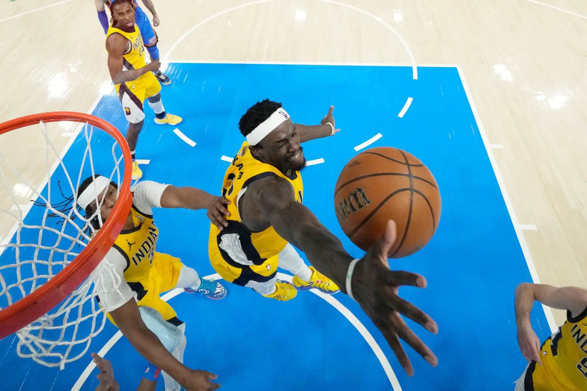 Jun 22, 2025; Oklahoma City, Oklahoma, USA; Indiana Pacers forward Pascal Siakam (43) reaches for the ball against the Oklahoma City Thunder during the first half of game seven of the 2025 NBA Finals at Paycom Center. 