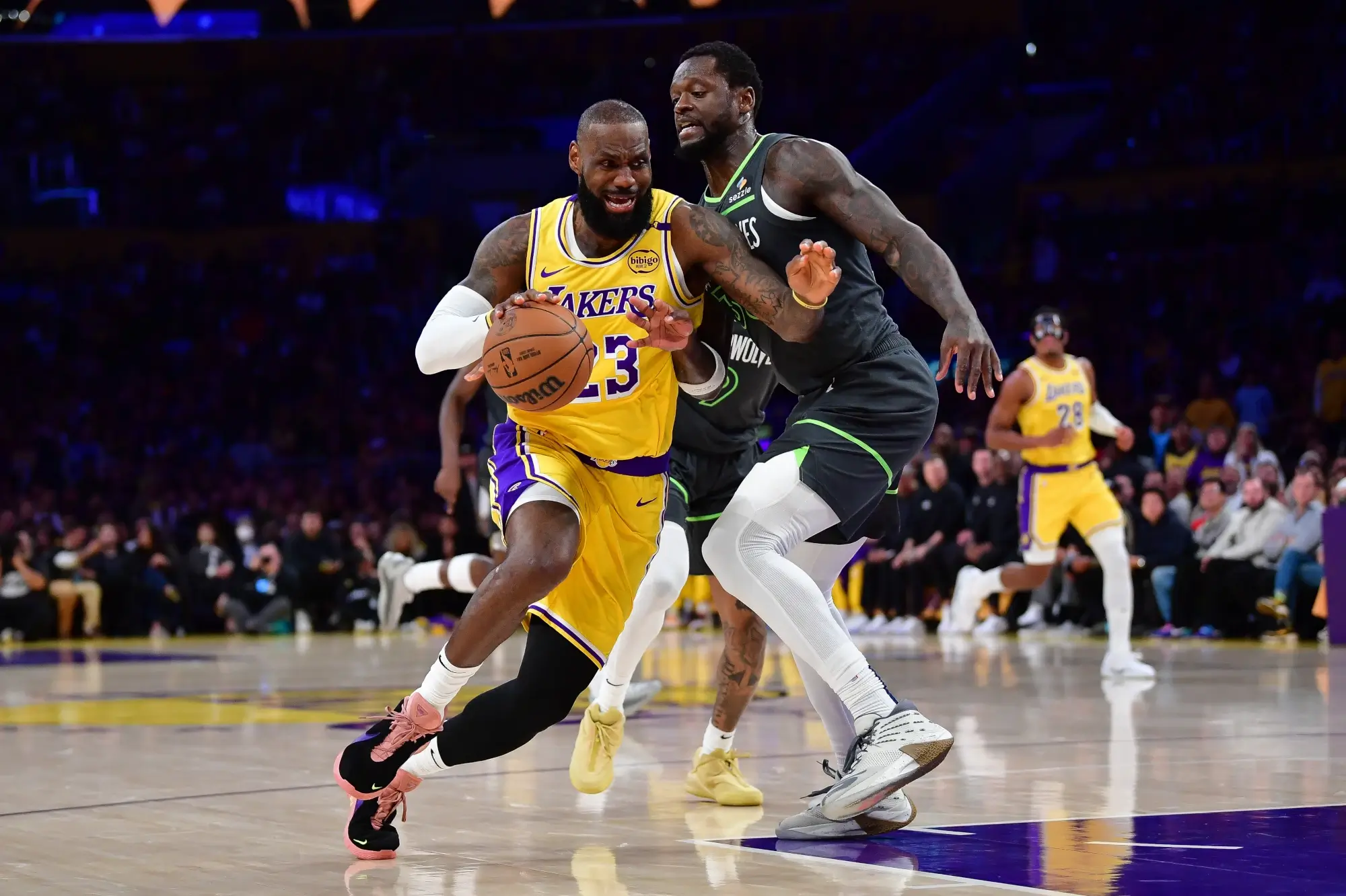 Apr 30, 2025 Los Angeles, California, USA Los Angeles Lakers forward LeBron James (23) moves to the basket against Minnesota Timberwolves forward Julius Randle (30) during the first half in game five of first round for the 2025 NBA Playoffs at Crypto Arena