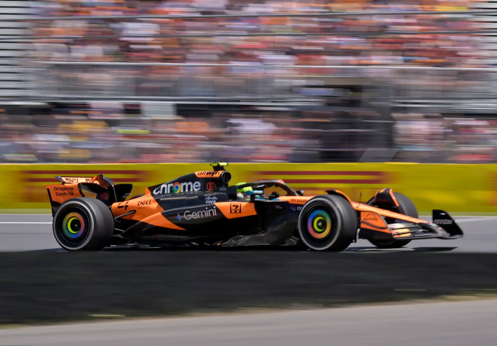 Jun 15, 2025; Montreal, Quebec, Canada; McLaren driver Lando Norris (4) races during the F1 Montreal Grand Prix at Circuit Gilles-Villeneuve.