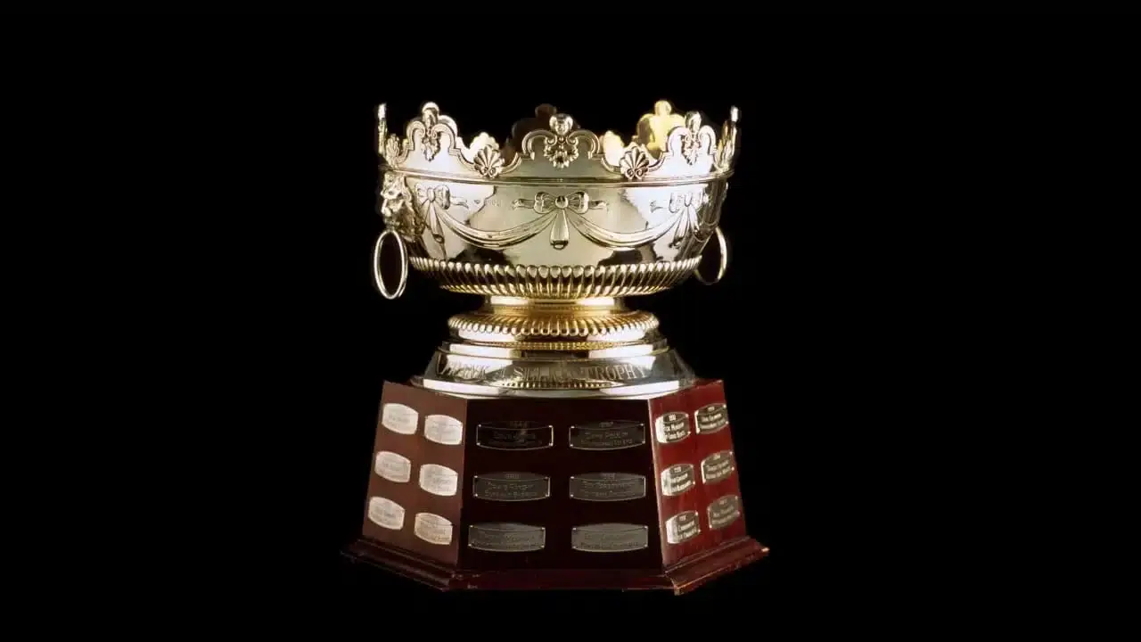 A view of the NHL Selke Trophy awarded to the forward who demonstrates exceptional defensive skills.