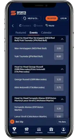 A view of Sports Interaction's F1 betting app on an iPhone 