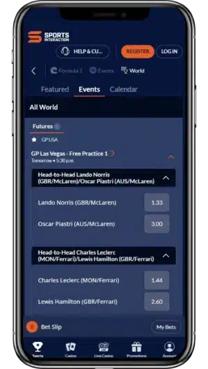 A view of Sports Interaction's F1 betting app on an iPhone 