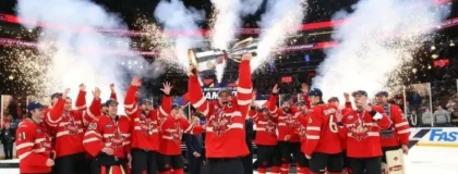Sidney Crosby of Team Canada celebrates with his teammates after defeating Team United States in overtime to win the NHL 4 Nations Face-Off Championship Game at TD Garden on Feb. 20, 2025 in Boston.