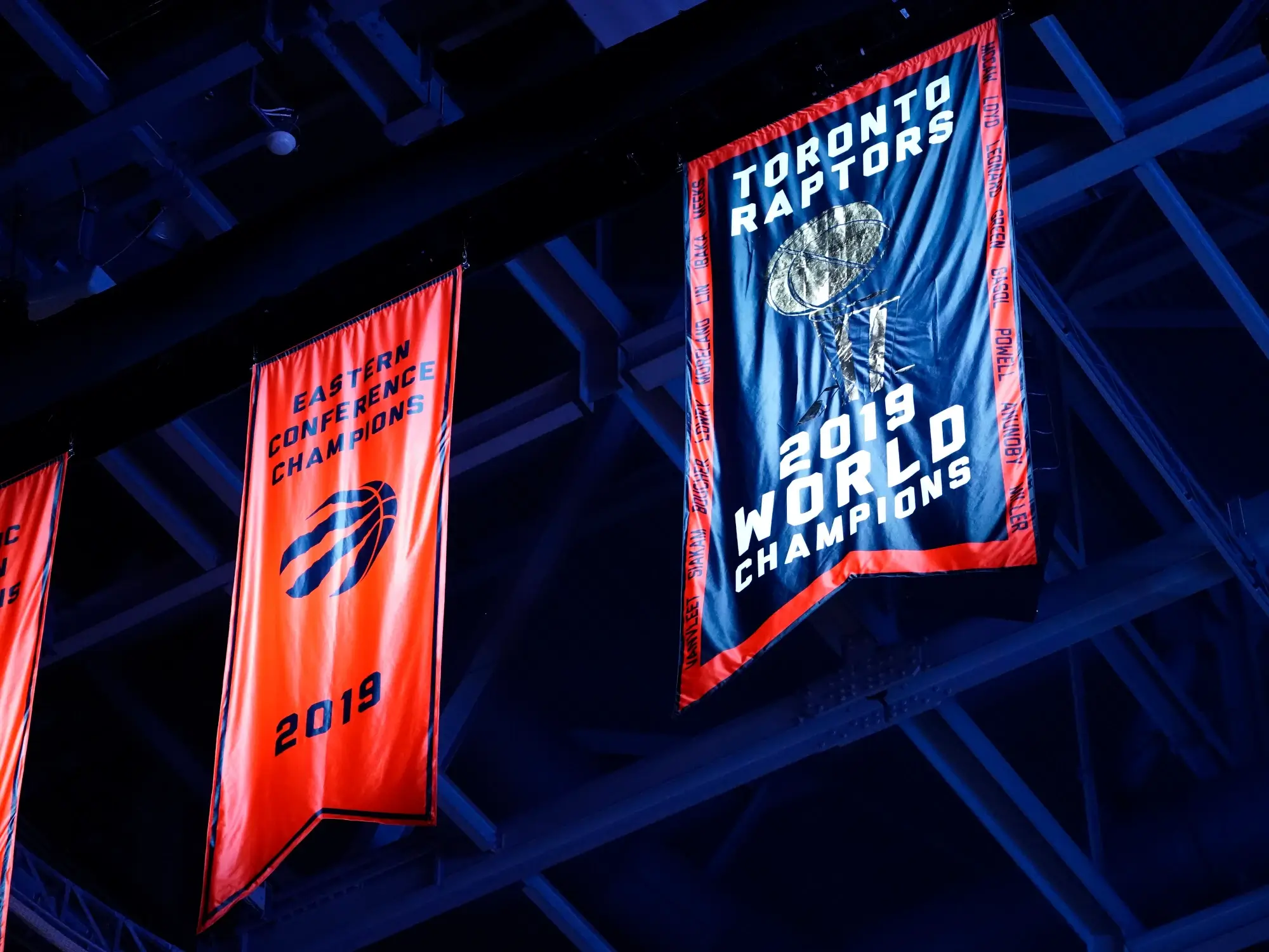 Oct 22, 2019; Toronto, Ontario, CAN; The 2019 NBA Championship hangs from the ceiling at Scotiabank Arena before a game between the New Orleans Pelicans and Toronto Raptors. 