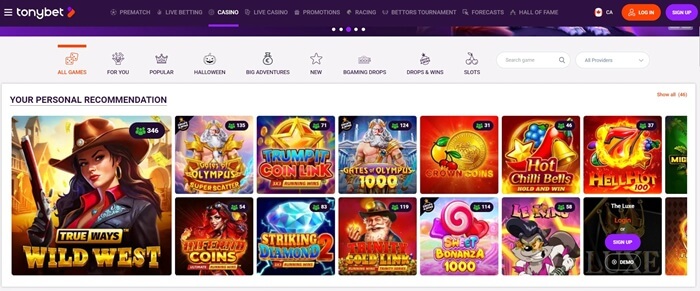 A screenshot view of TonyBet Casino's home page on desktop.