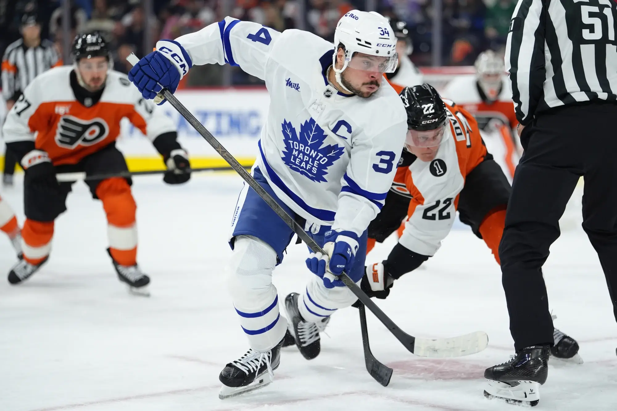 Nov 1, 2025; Philadelphia, Pennsylvania, USA; Toronto Maple Leafs center Auston Matthews (34) in action against the Philadelphia Flyers in the first period at Xfinity Mobile Arena.