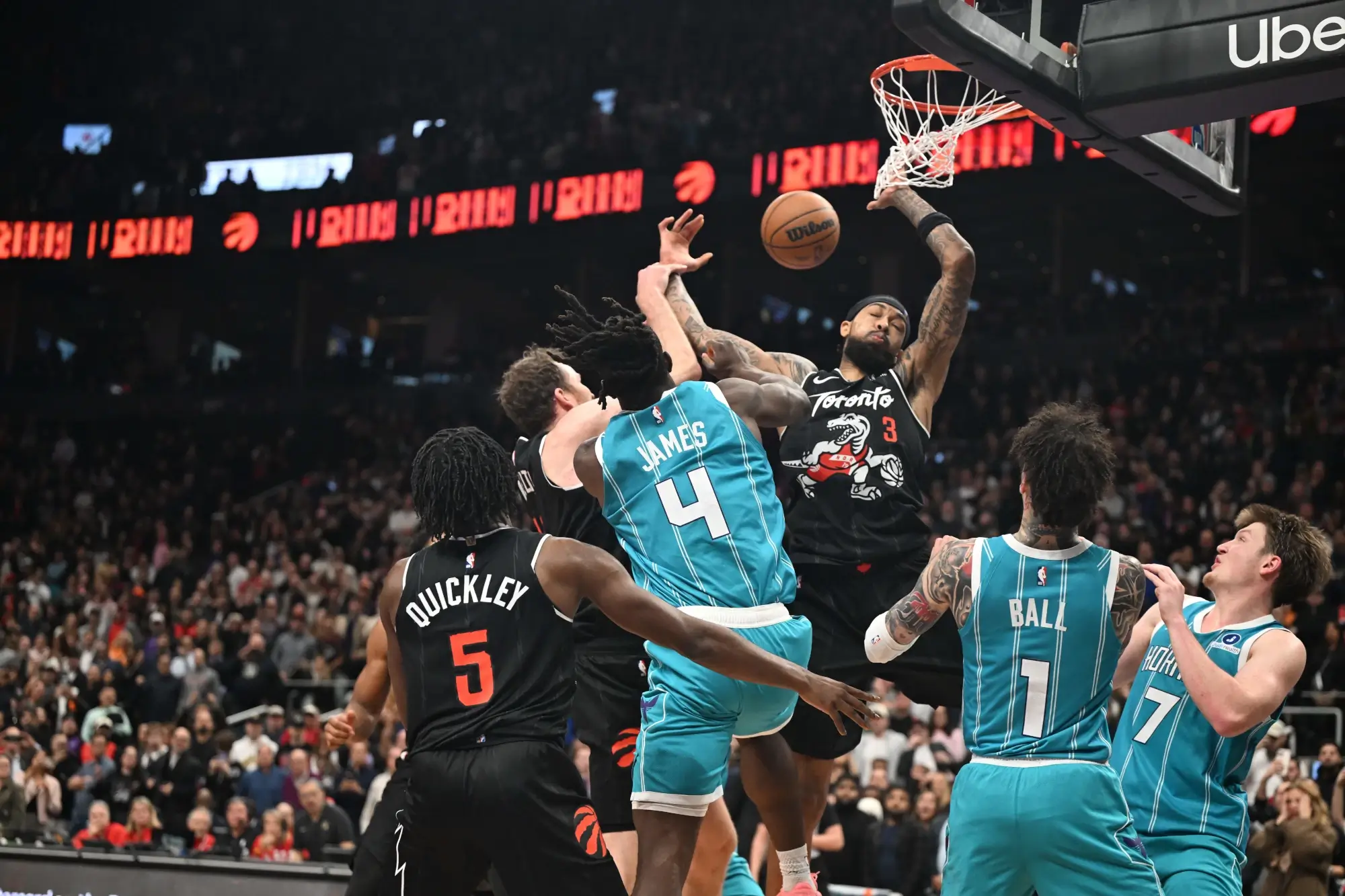 Nov 17, 2025; Toronto, Ontario, CAN; Toronto Raptors forward Brandon Ingram (3) blocks a shot against the Charlotte Hornets in the second half at Scotiabank Arena.
