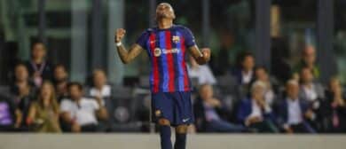 FC Barcelona forward Raphinha celebrates after scoring during the first half against Inter Miami CF at DRV PNK Stadium.