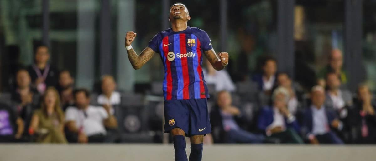 FC Barcelona forward Raphinha celebrates after scoring during the first half against Inter Miami CF at DRV PNK Stadium.