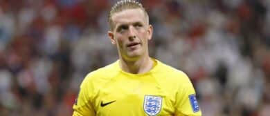 England goalkeeper Jordan Pickford (1) reacts after a play against the United States of America during the first half of a group stage match during the 2022 World Cup at Al Bayt Stadium