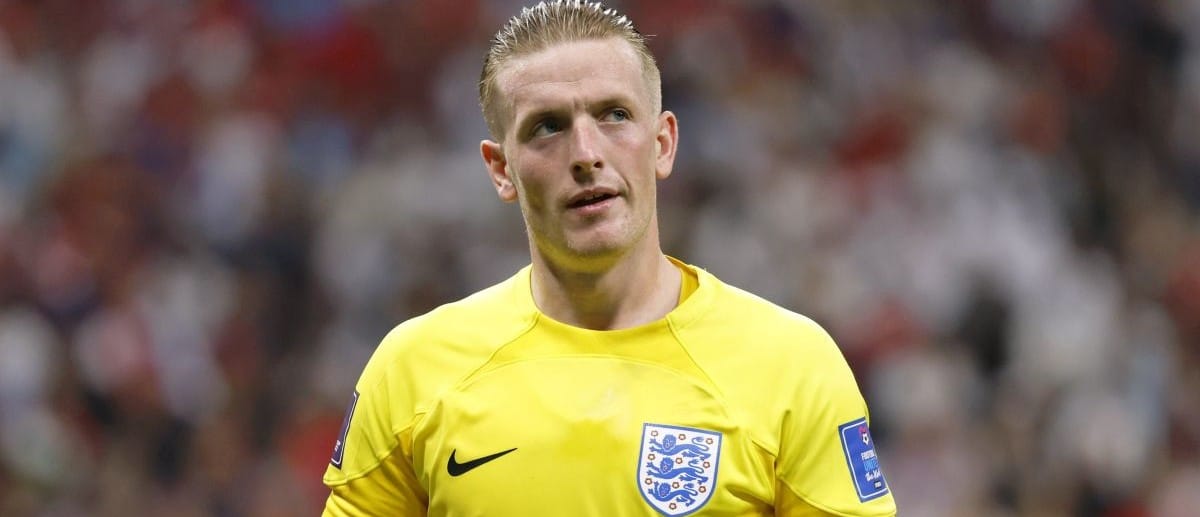 England goalkeeper Jordan Pickford (1) reacts after a play against the United States of America during the first half of a group stage match during the 2022 World Cup at Al Bayt Stadium