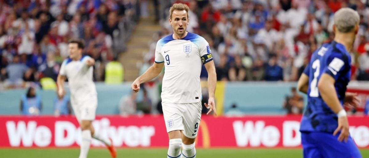England forward Harry Kane (9) dribbles the ball against the United States of America during the second half of a group stage match during the 2022 World Cup at Al Bayt Stadium