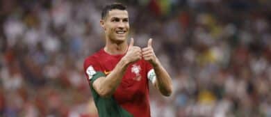 Portugal forward Cristiano Ronaldo (7) reacts during the second half of the group stage match in the 2022 World Cup at Lusail Stadium.