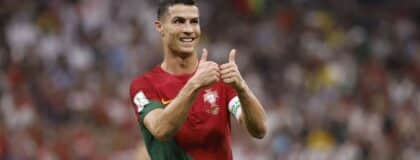 Portugal forward Cristiano Ronaldo (7) reacts during the second half of the group stage match in the 2022 World Cup at Lusail Stadium.