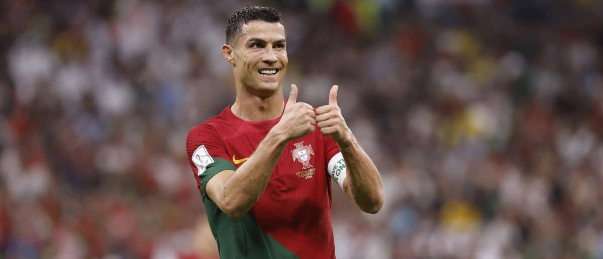Portugal forward Cristiano Ronaldo (7) reacts during the second half of the group stage match in the 2022 World Cup at Lusail Stadium.