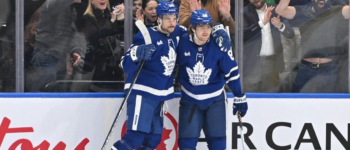 Toronto Maple Leafs forward William Nylander (88) celebrates with forward Auston Matthews (34) after scoring the winning goal in overtime against the Minnesota Wild at Scotiabank Arena