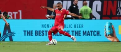 Liverpool forward Mohamed Salah (11) kicks the ball against Arsenal at Lincoln Financial Field.