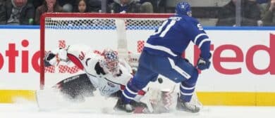 Toronto Maple Leafs center John Tavares (91) scores a goal on Washington Capitals goaltender Charlie Lindgren (79) during the second period at Scotiabank Arena.