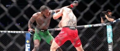 Randy Brown (red gloves) fights Nicolas Dalby (blue gloves) during UFC Fight Night at T-Mobile Center.