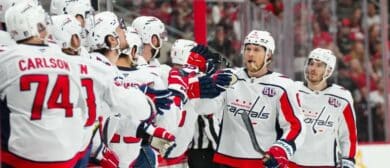 Washington Capitals defenseman Jakob Chychrun (6) celebrates his goal against the Carolina Hurricanes during the third period in game four of the second round of the 2025 Stanley Cup Playoffs at Lenovo Center