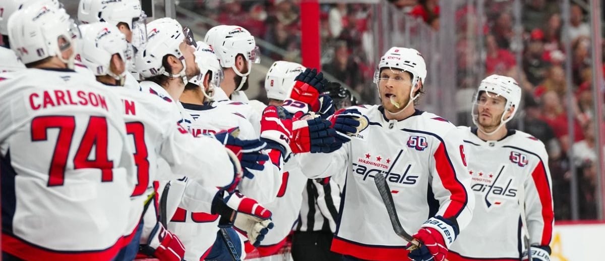Washington Capitals defenseman Jakob Chychrun (6) celebrates his goal against the Carolina Hurricanes during the third period in game four of the second round of the 2025 Stanley Cup Playoffs at Lenovo Center
