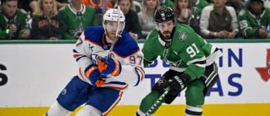 Edmonton Oilers center Connor McDavid (97) and Dallas Stars center Tyler Seguin (91) in action during the game between the Dallas Stars and the Edmonton Oilers in game five of the Western Conference Final of the 2025 Stanley Cup Playoffs at American Airlines Center.