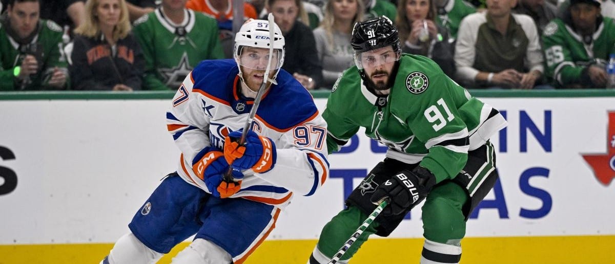 Edmonton Oilers center Connor McDavid (97) and Dallas Stars center Tyler Seguin (91) in action during the game between the Dallas Stars and the Edmonton Oilers in game five of the Western Conference Final of the 2025 Stanley Cup Playoffs at American Airlines Center.