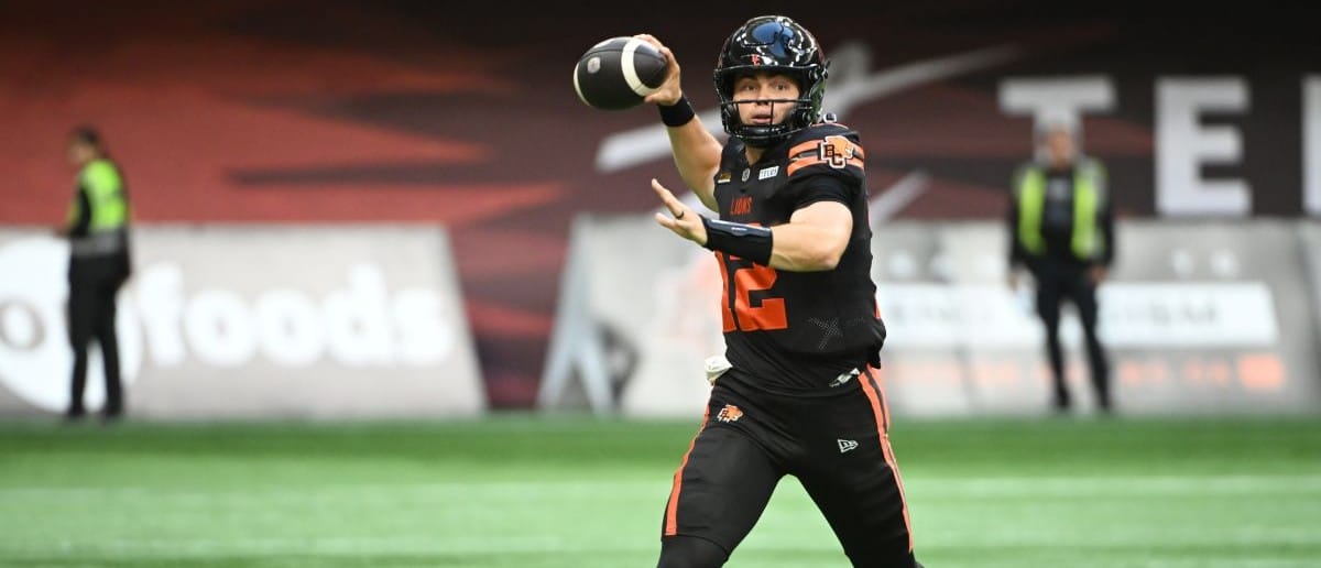 BC Lions quarterback Nathan Rourke (12) looks to pass during the first half against the Edmonton Elks at BC Place Stadium.