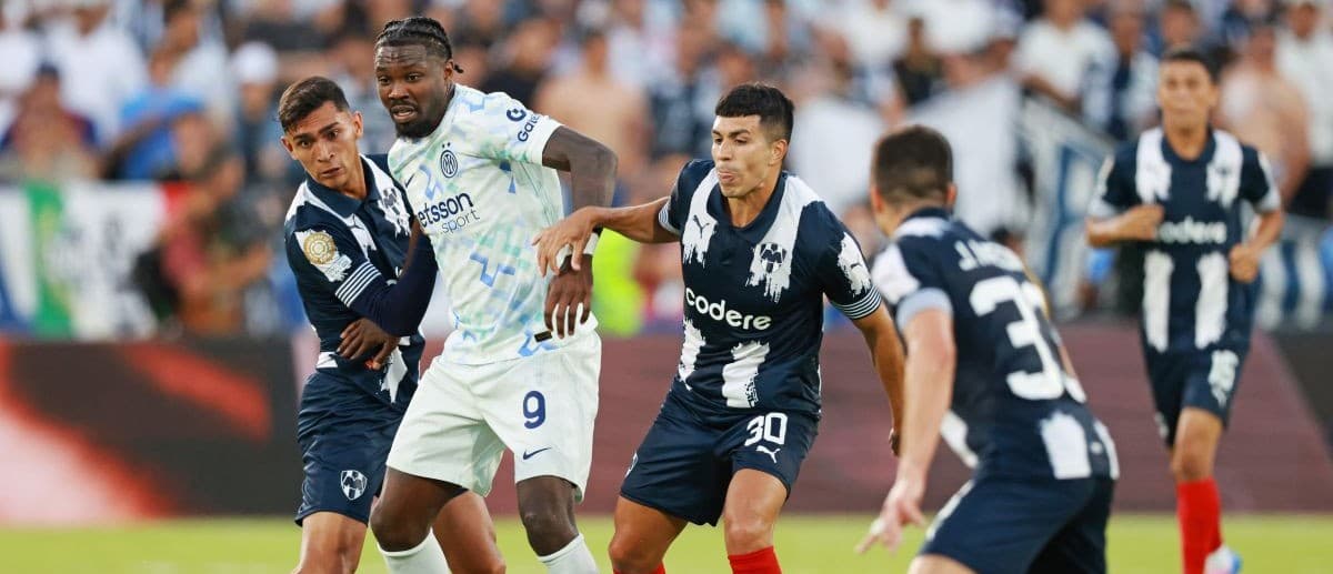 FC Inter Milan forward Marcus Thuram (9) controls the ball CF Monterrey midfielder Jorge Rodriguez (30) defends during the second half during a group stage match of the 2025 FIFA Club World Cup at Rose Bowl Stadium.
