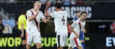 Manchester City forward Erling Haaland (9) celebrates with midfielder Tijjani Reijnders (4) after scoring in the second half during a round of 16 match of the 2025 FIFA Club World Cup at Camping World Stadium.