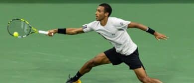 Felix Auger-Aliassime of Canada in action against Jannik Sinner of Italy in the semifinal of the men’s singles at the US Open at Arthur Ashe Stadium in Billie Jean King National Tennis Center