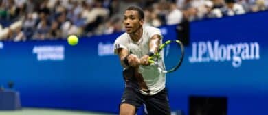 Felix Auger-Aliassime of Canada in action against Jannik Sinner of Italy in the semifinal of the men’s singles at the US Open at Arthur Ashe Stadium in Billie Jean King National Tennis Center