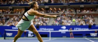 Aryna Sabalenka hits a forehand against Amanda Anisimova (USA) (not pictured) in the women's singles final of the 2025 US Open tennis championships at Billie Jean King National Tennis Center.