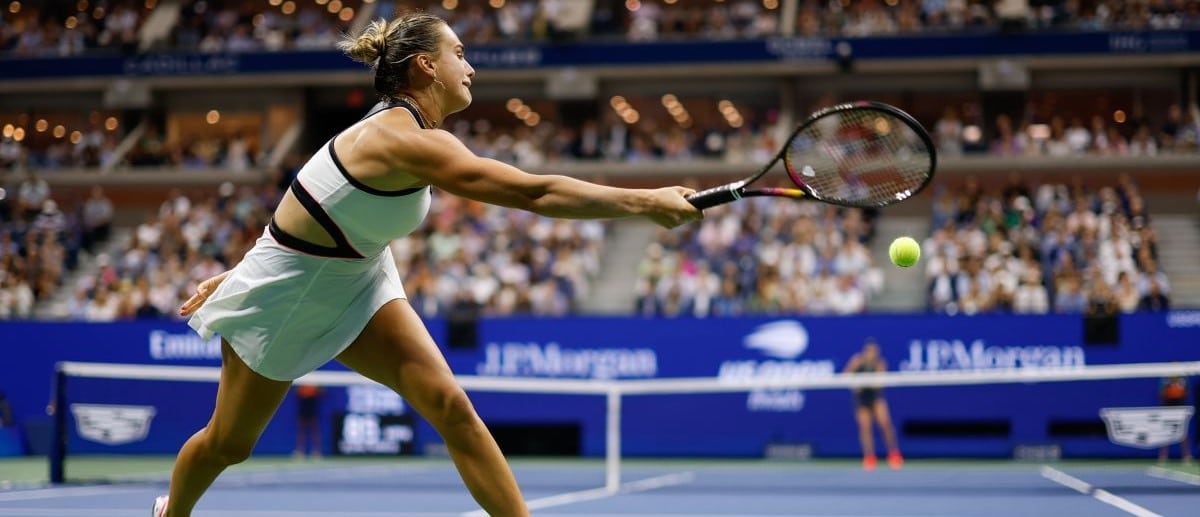Aryna Sabalenka hits a forehand against Amanda Anisimova (USA) (not pictured) in the women's singles final of the 2025 US Open tennis championships at Billie Jean King National Tennis Center.