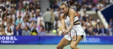 Aryna Sabalenka hits a backhand against Amanda Anisimova (USA) (not pictured) in the women's singles final of the 2025 US Open tennis championships at Billie Jean King National Tennis Center.