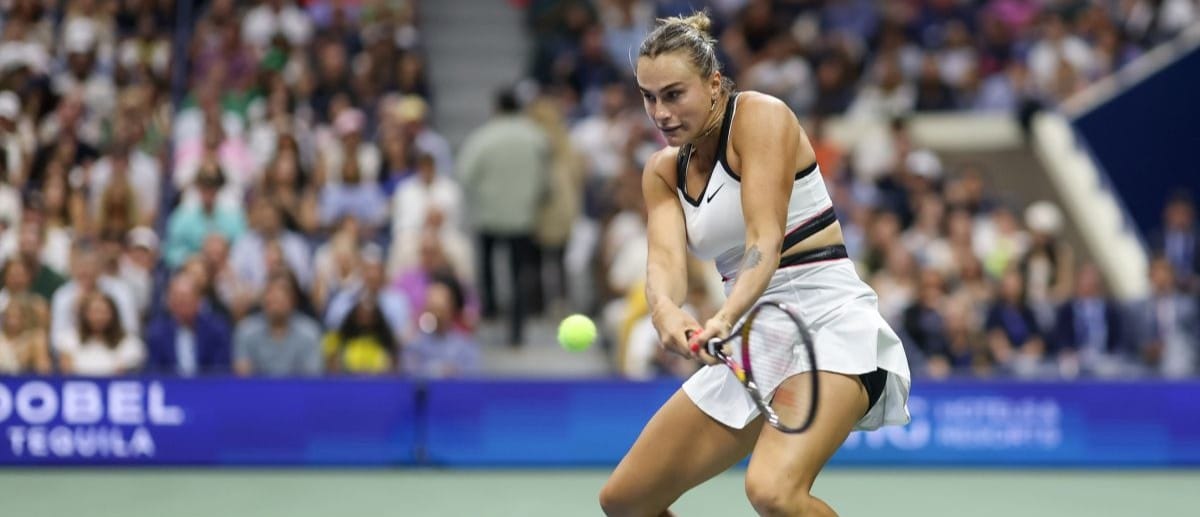 Aryna Sabalenka hits a backhand against Amanda Anisimova (USA) (not pictured) in the women's singles final of the 2025 US Open tennis championships at Billie Jean King National Tennis Center.