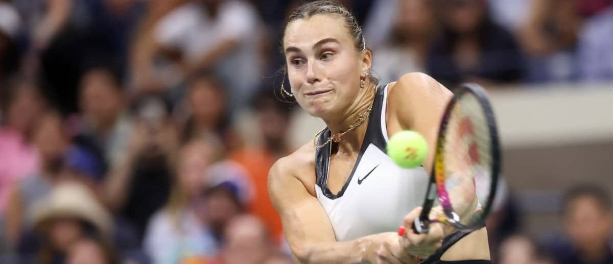 Aryna Sabalenka hits a backhand against Amanda Anisimova (USA) (not pictured) in the women's singles final of the 2025 US Open tennis championships at Billie Jean King National Tennis Center.