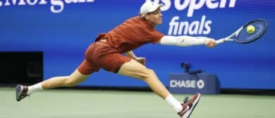 Jannik Sinner (ITA) in action against Carlos Alcaraz (ESP) (not pictured) during the final of mens singles at Billie Jean King National Tennis Center.